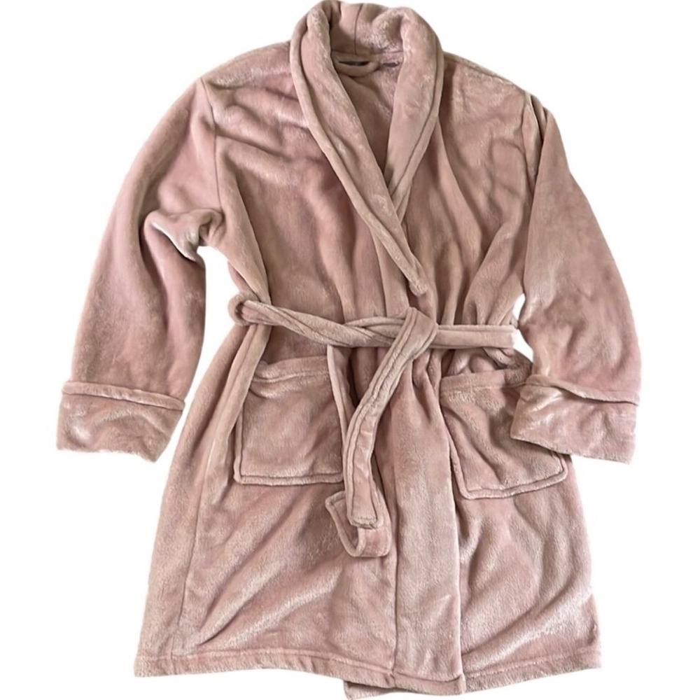 Ardour Women Plush Fleece Robe Dusty Rose Pink Shawl Collar Belted Pockets